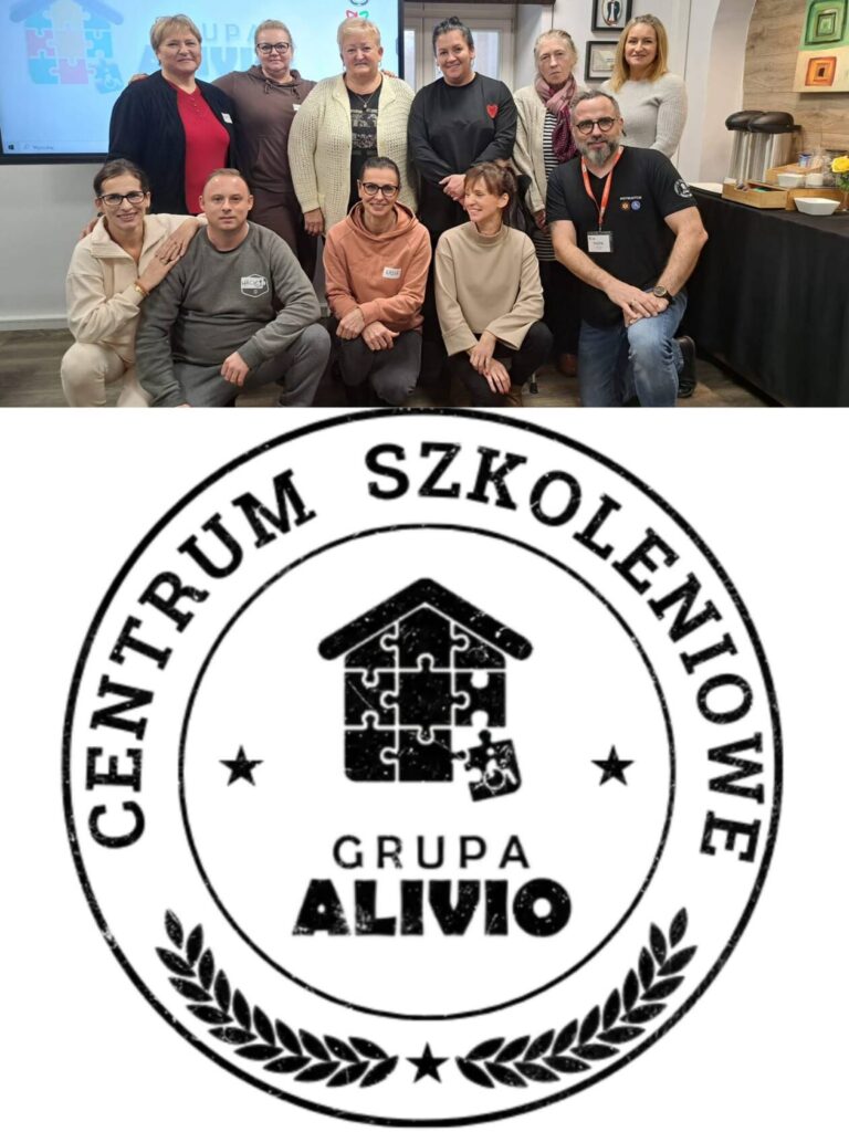 grafika przedstawiająca logo Centrum Szkoleniowego Alivio oraz grupowe zdjęcie uczestników szkolenia dla Fundacji Goel