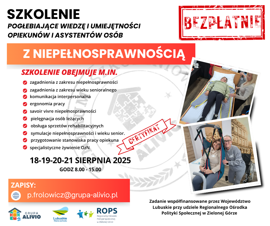 plakat informacyjny dotyczący czterodniowego szkolenia dla opiekunów i asystentów osób  z niepełnosprawnościami