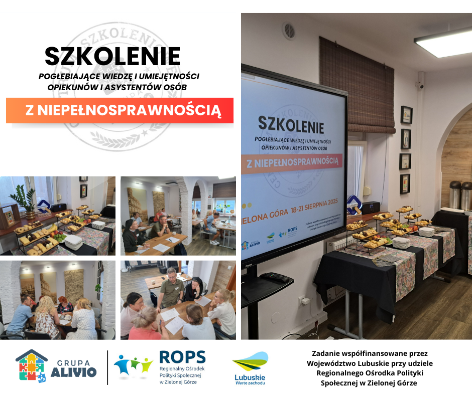 kolaż zdjęć promujący szkolenia które odbyły się pomiędzy 18 a 21 sierpnia w centrum szkoleniowym Grupa ALivio w Zielonej Górze.