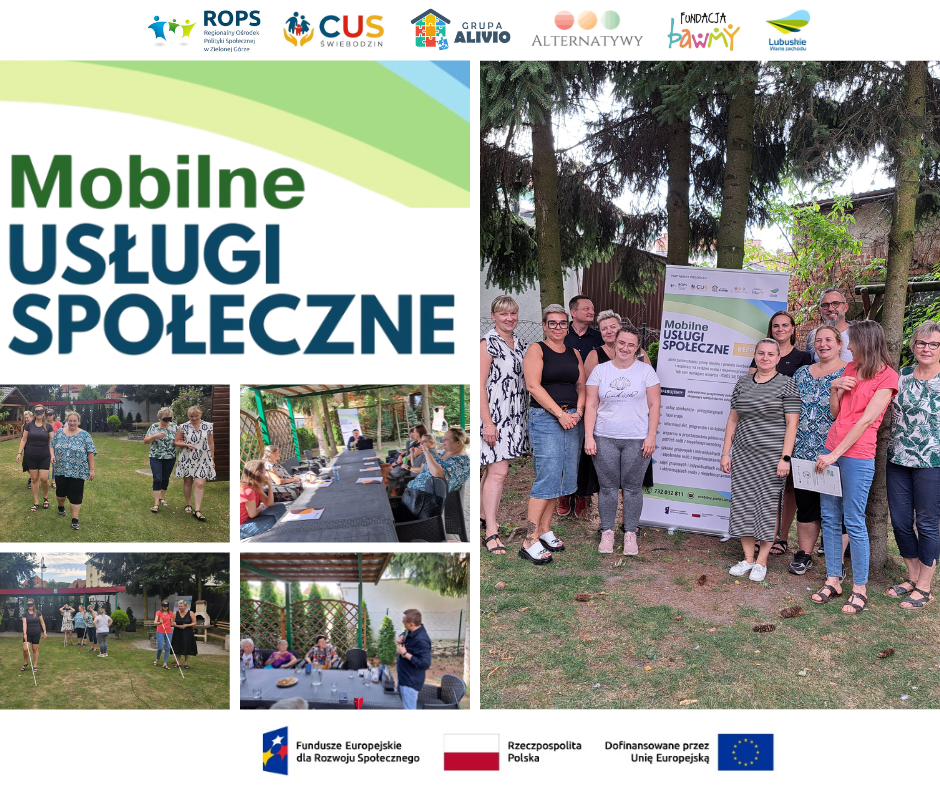 Kolaż zdjęć przedstawiający szkolenie odbywające się w ogrodzie CUS w Świebodzinie, dotyczące wspierania osób z dysfunkcją narządu wzroku w ramach Mobilnych Usług Społecznych