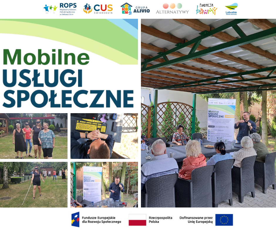 Kolaż zdjęć przedstawiający szkolenie odbywające się w ogrodzie CUS w Świebodzinie, dotyczące wspierania osób z dysfunkcją narządu wzroku w ramach Mobilnych Usług Społecznych
