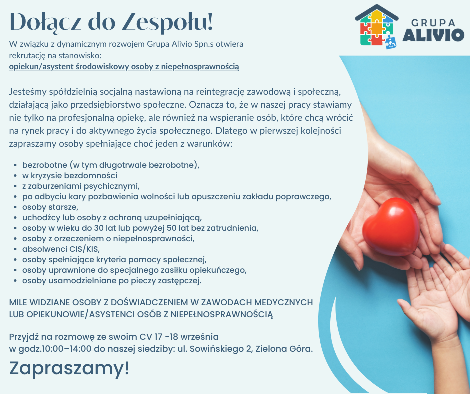 OGŁOSZENIE O NABORZE NA STANOWISKO OPIEKUN/ASYSTENT ŚRODOWISKOWY OSOBY Z NIEPEŁNOSPRAWNOŚCIĄ