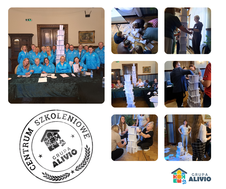 KOLAŻ ZDJĘĆ PRZEDSTAWIAJĄCY PRACOWNIKÓW DPS JASIENIEC PODCZAS SZKOLEŃ Z ZAKRESU KOMUNIKACJI INTERPERSONALNEJ W PAŁACU W WĄSOWIE