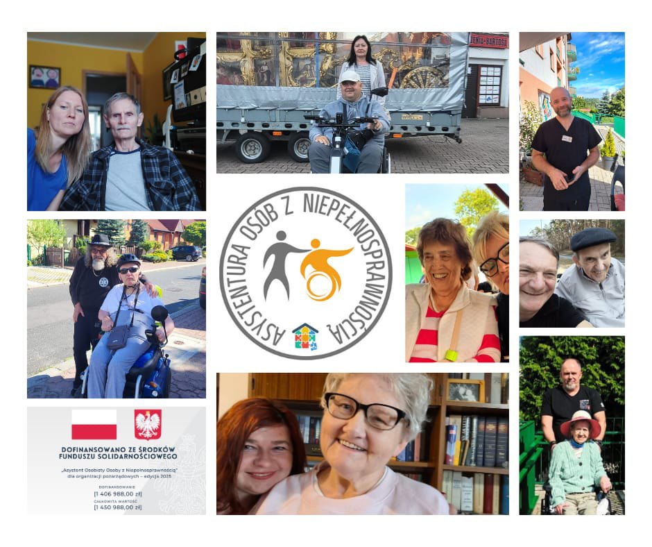 PLAKAT/KOLAŻ PROMUJĄCY PRACĘ ASYSTENTÓW OSOBISTYCH OSÓB Z NIEPEŁNOSPRAWNOŚCIAMI. PLAKAT PRZEDSTAWIA SYLWETKI NASZYCH PRACOWNIKÓW Z ICH PODOPIECZNYMI