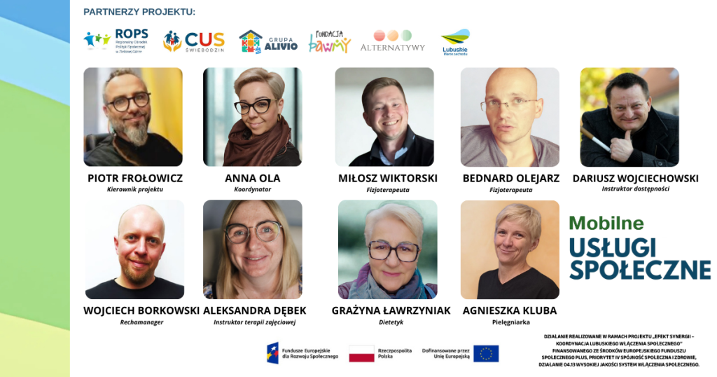 PLAKAT PRZEDSTAWIAJĄCY TWARZE PROFESJONALISTÓW UDZIAŁ W PROGRAMIE MOBILNE USŁUGI SPOŁECZNE