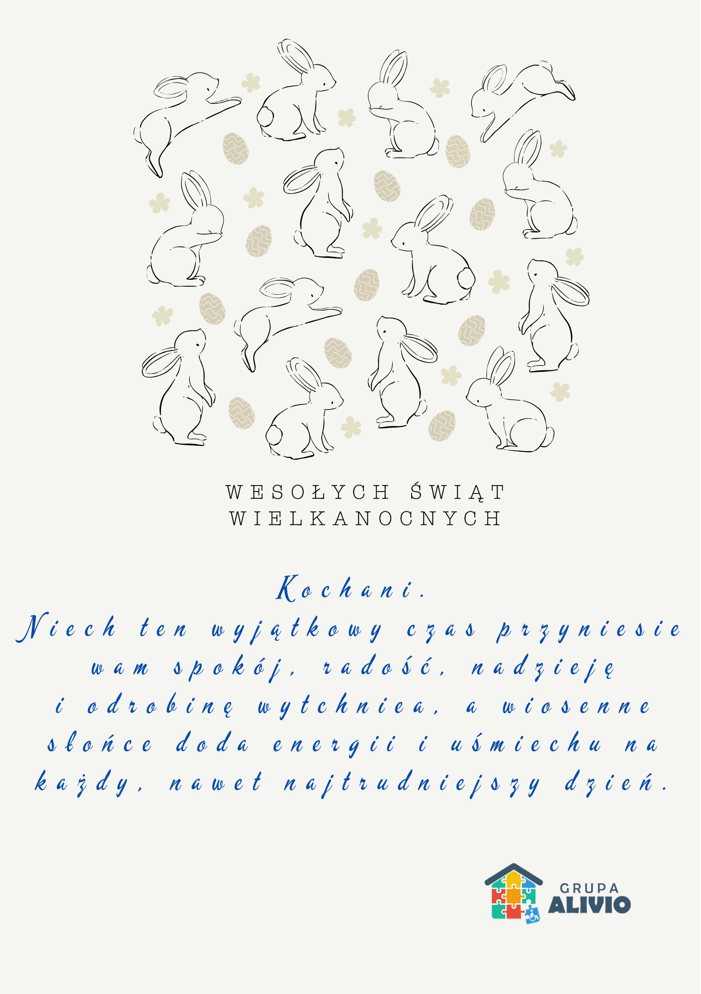 karta wielkanocna przedstawiająca rysunek kilkunastu króliczków pasących się na trawie wśród pisanek. rysunek jednokolorowy na kremowym tle